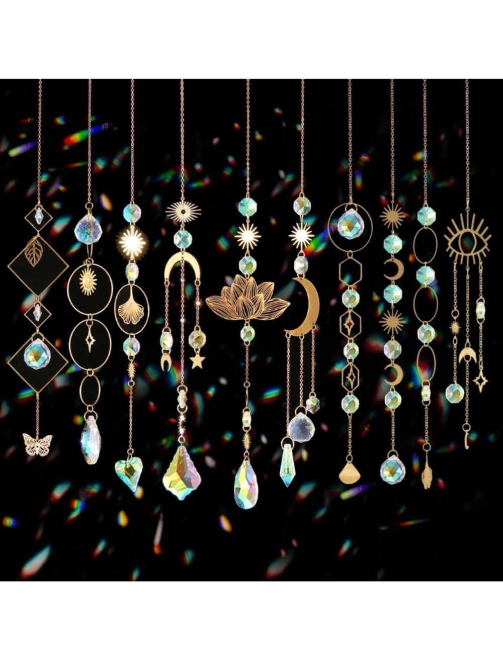 NWT Celestial Glass Crystal Suncatcher Hanging Window Prism Boho Moon & Lotus 1